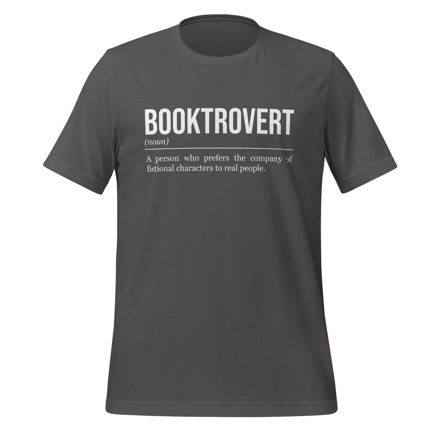 Grey book T-shirt, front, showing the definition of the word Booktrovert.