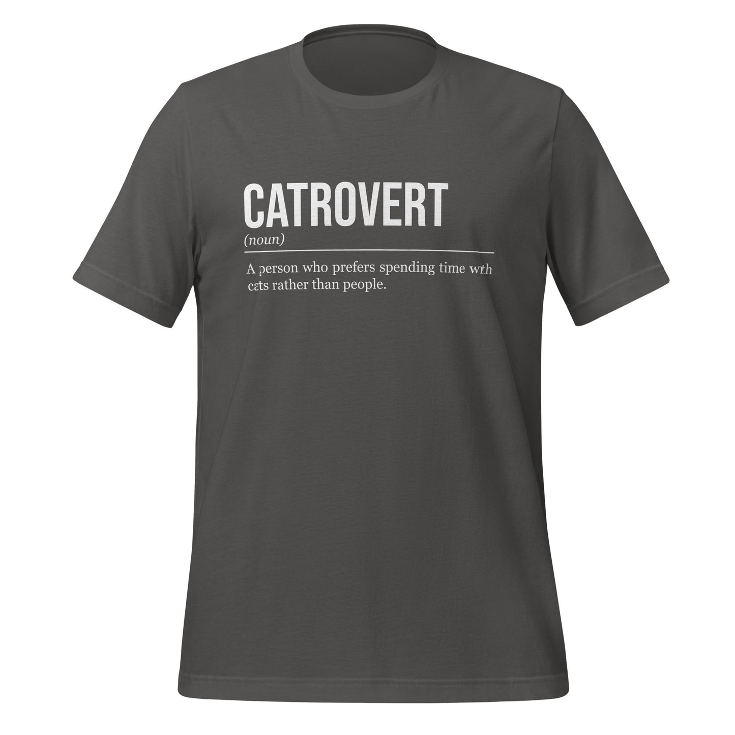 Grey cat T-shirt, front, showing the definition of the word Catrovert.