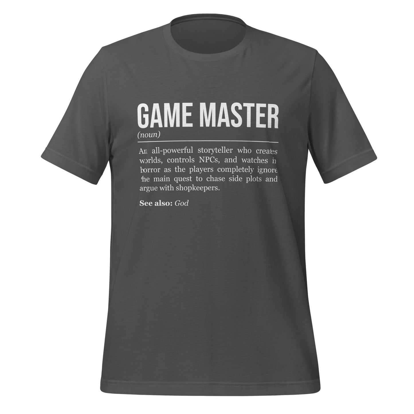 Grey RPG T-shirt, front, showing the definition of Game Master.