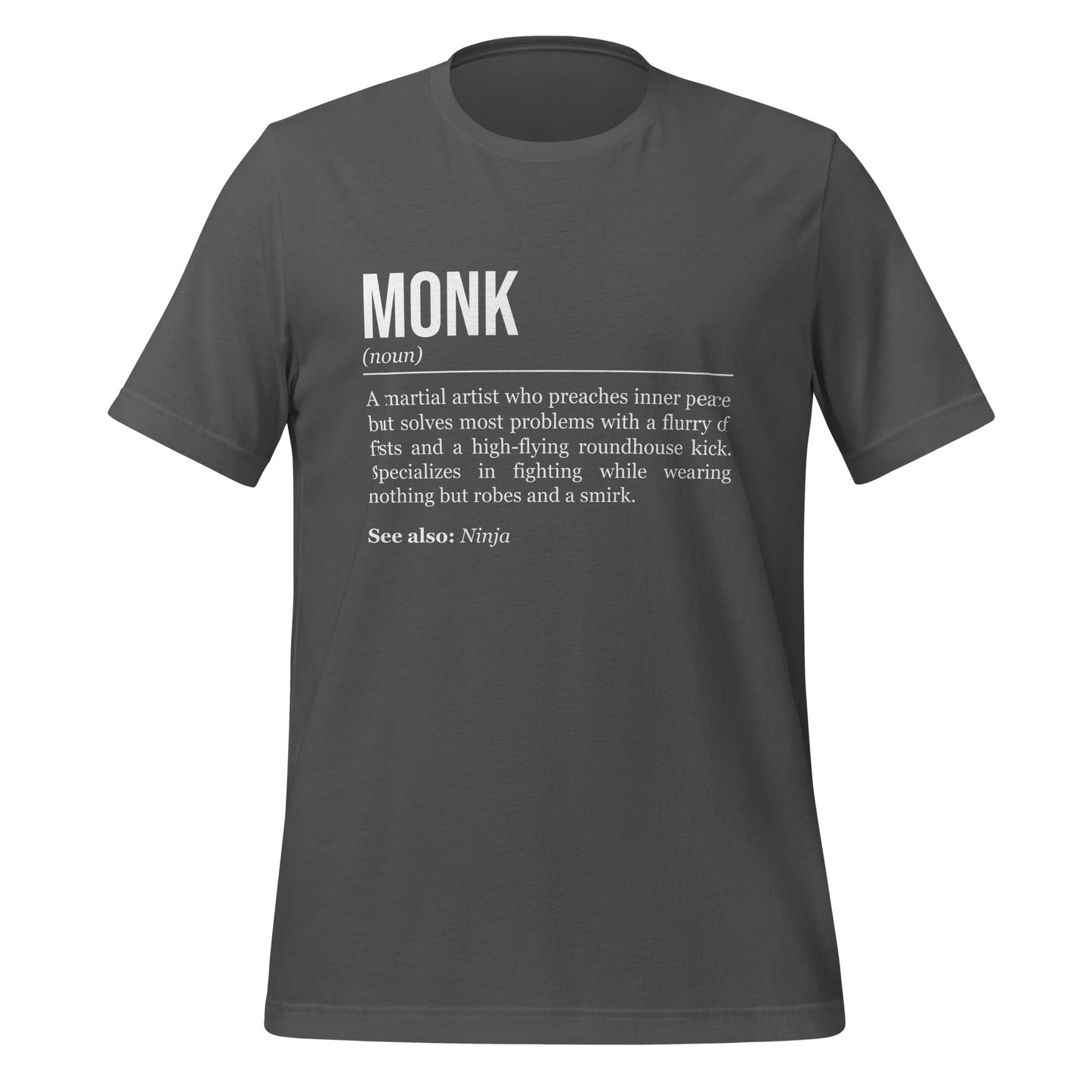 Grey monk T-shirt, front, showing the definition of the class Monk.