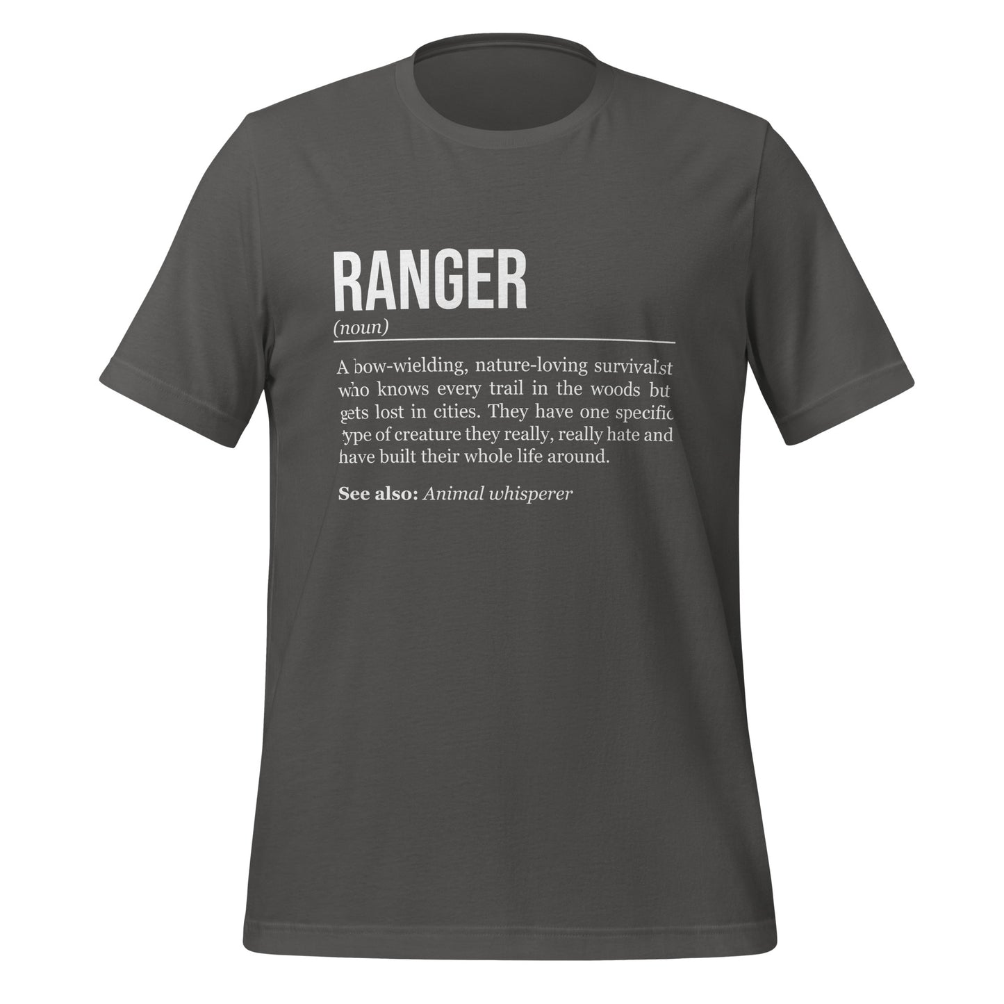 Grey ranger T-shirt, front, showing the definition of the class Ranger.