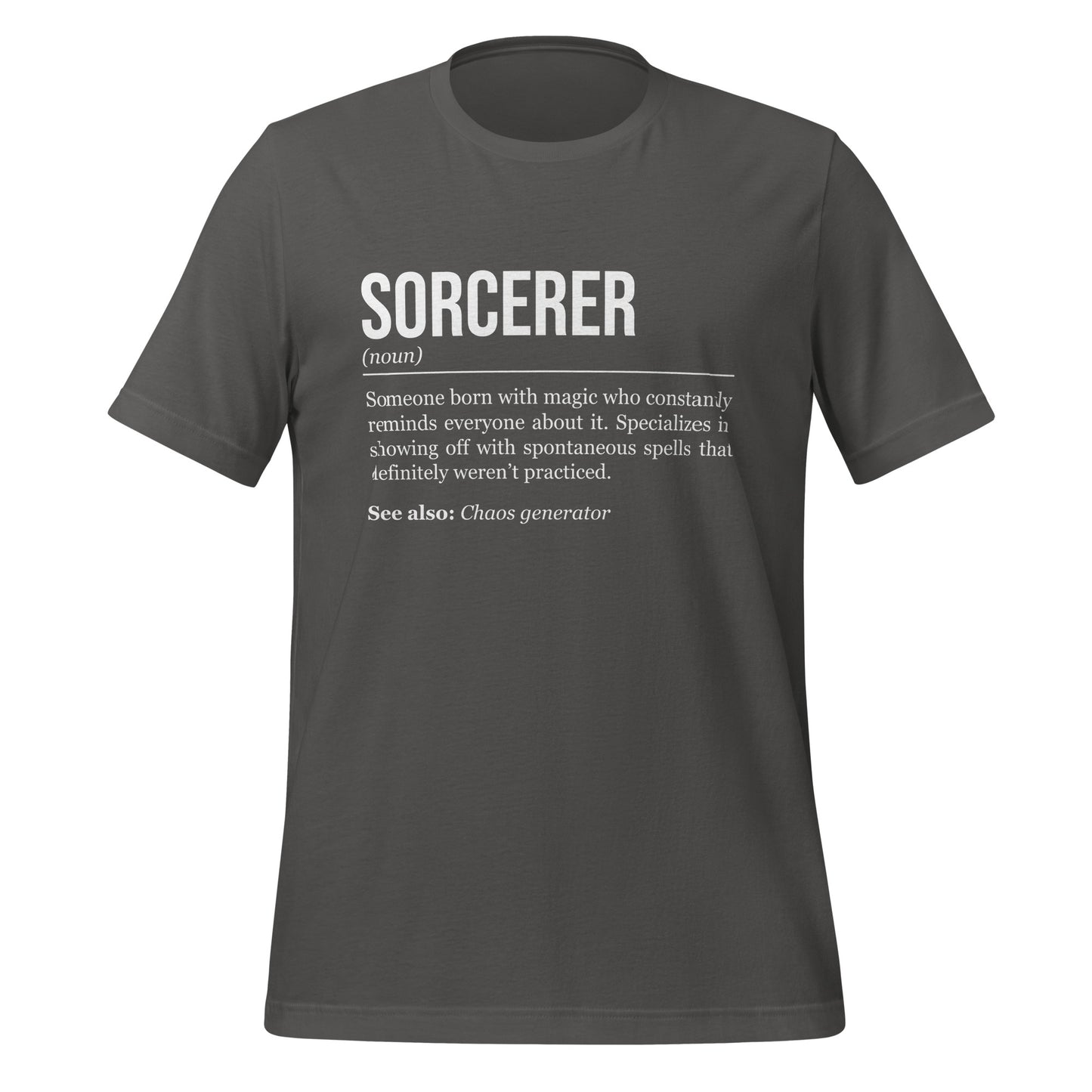Grey sorcerer T-shirt, front, showing the definition of the class Sorcerer.