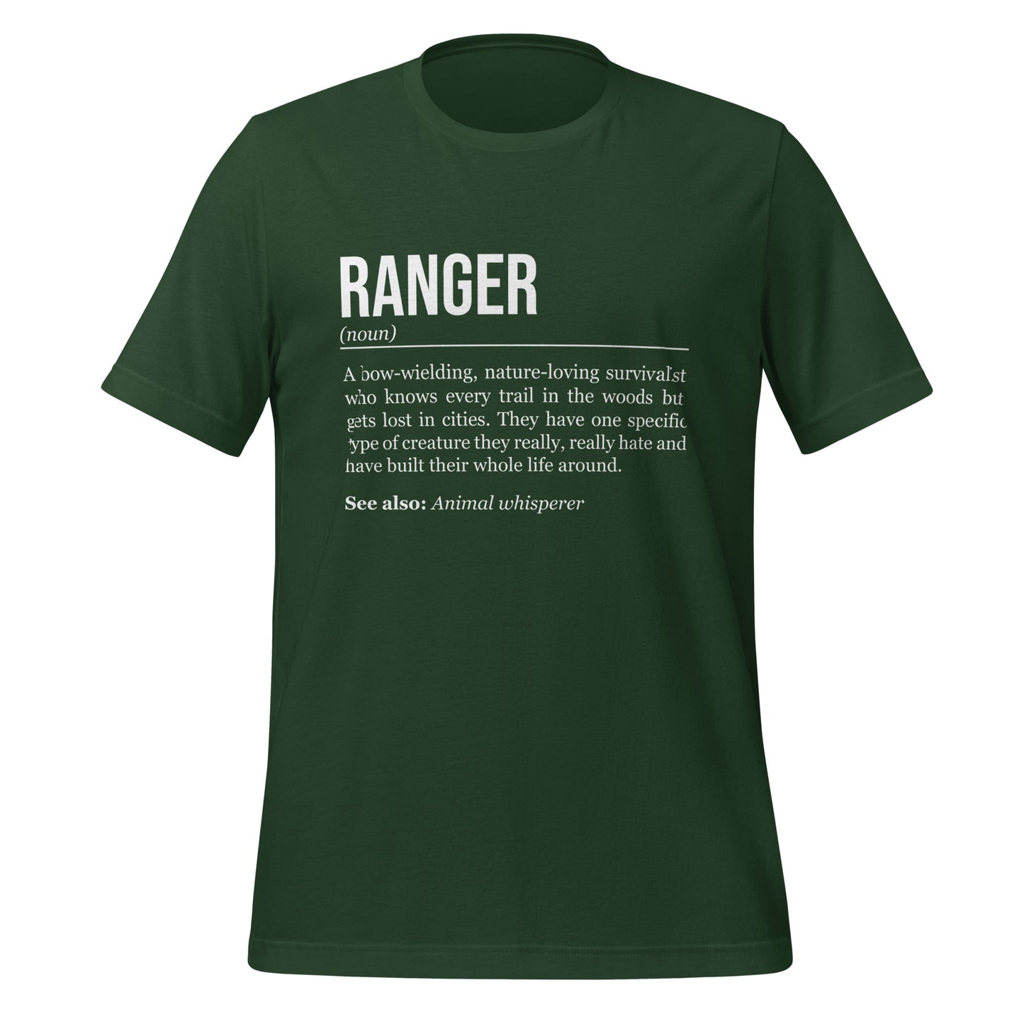 Forest green ranger T-shirt, front, showing the definition of the class Ranger.