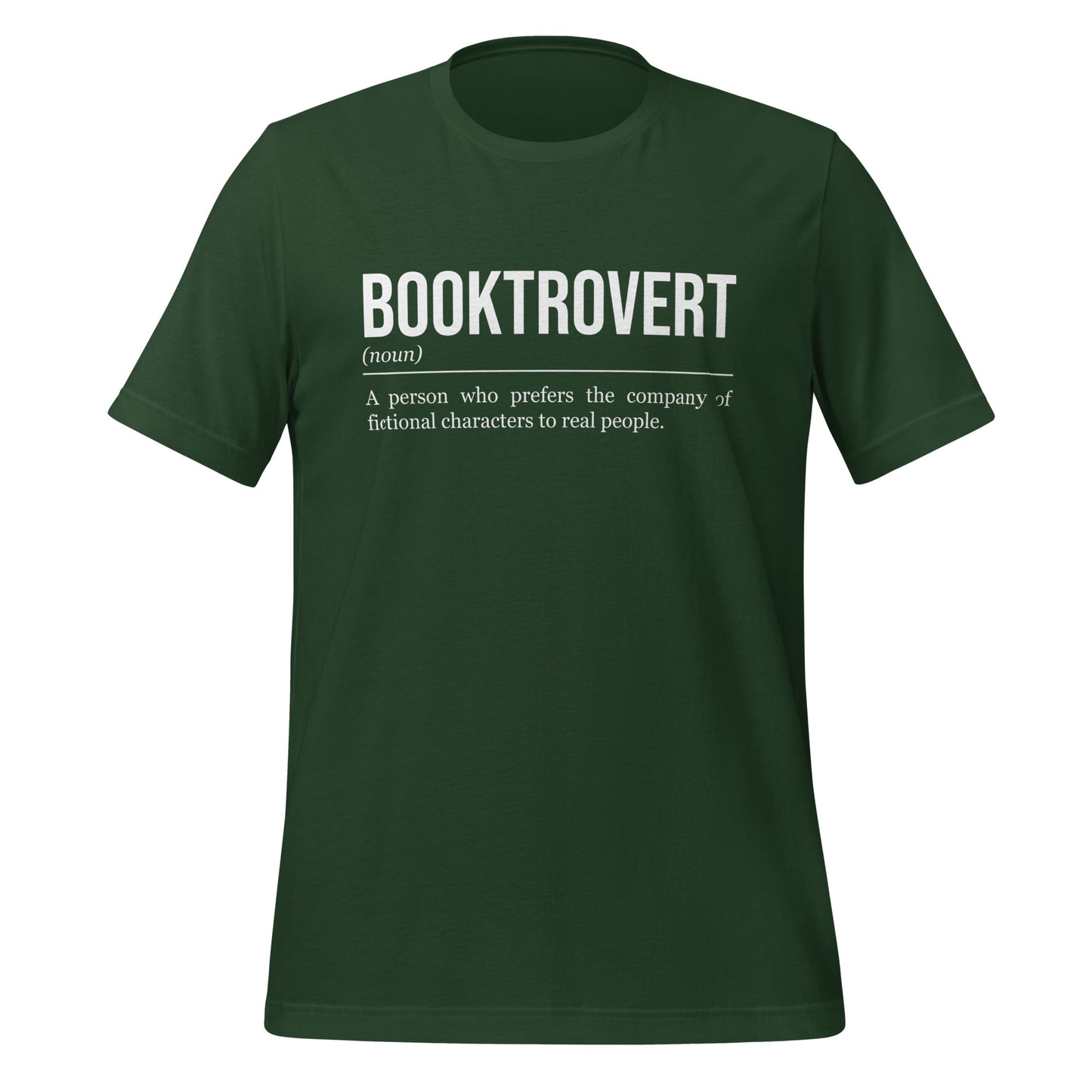 Forest green book T-shirt, front, showing the definition of the word Booktrovert.