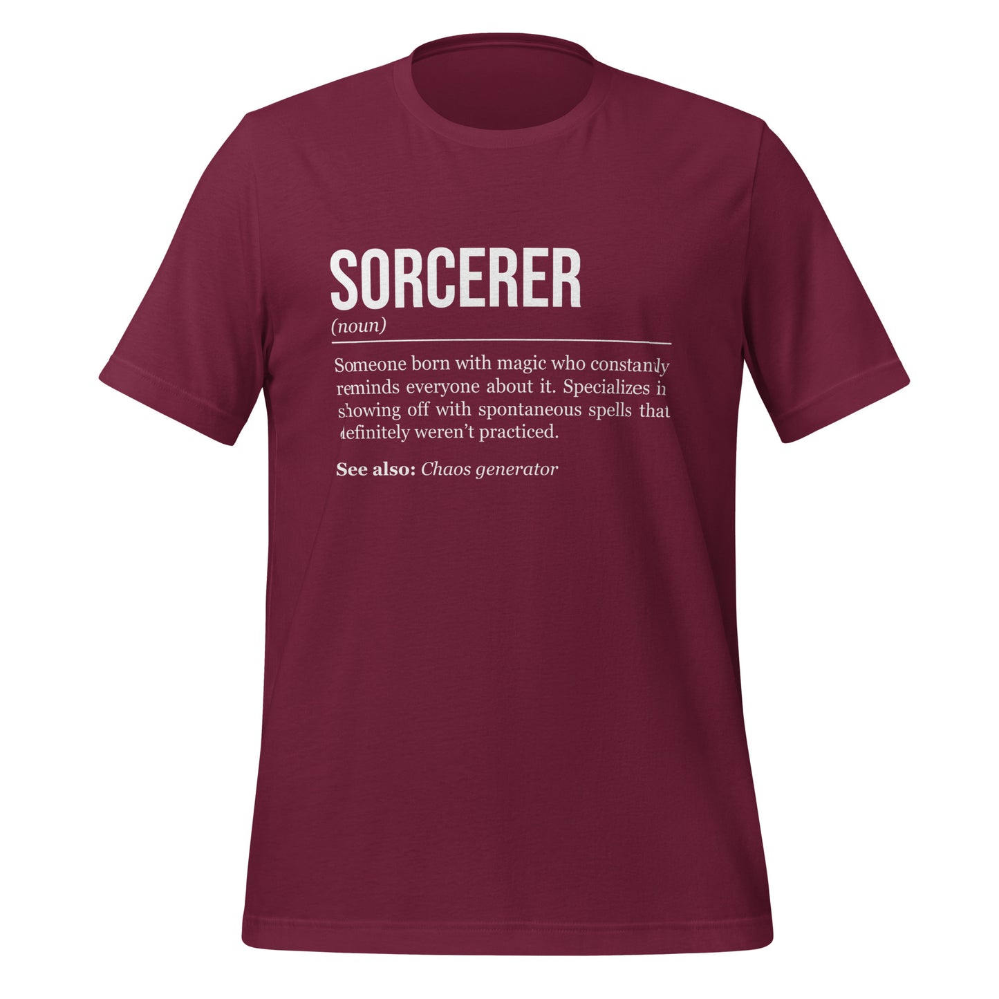 Maroon red sorcerer T-shirt, front, showing the definition of the class Sorcerer.