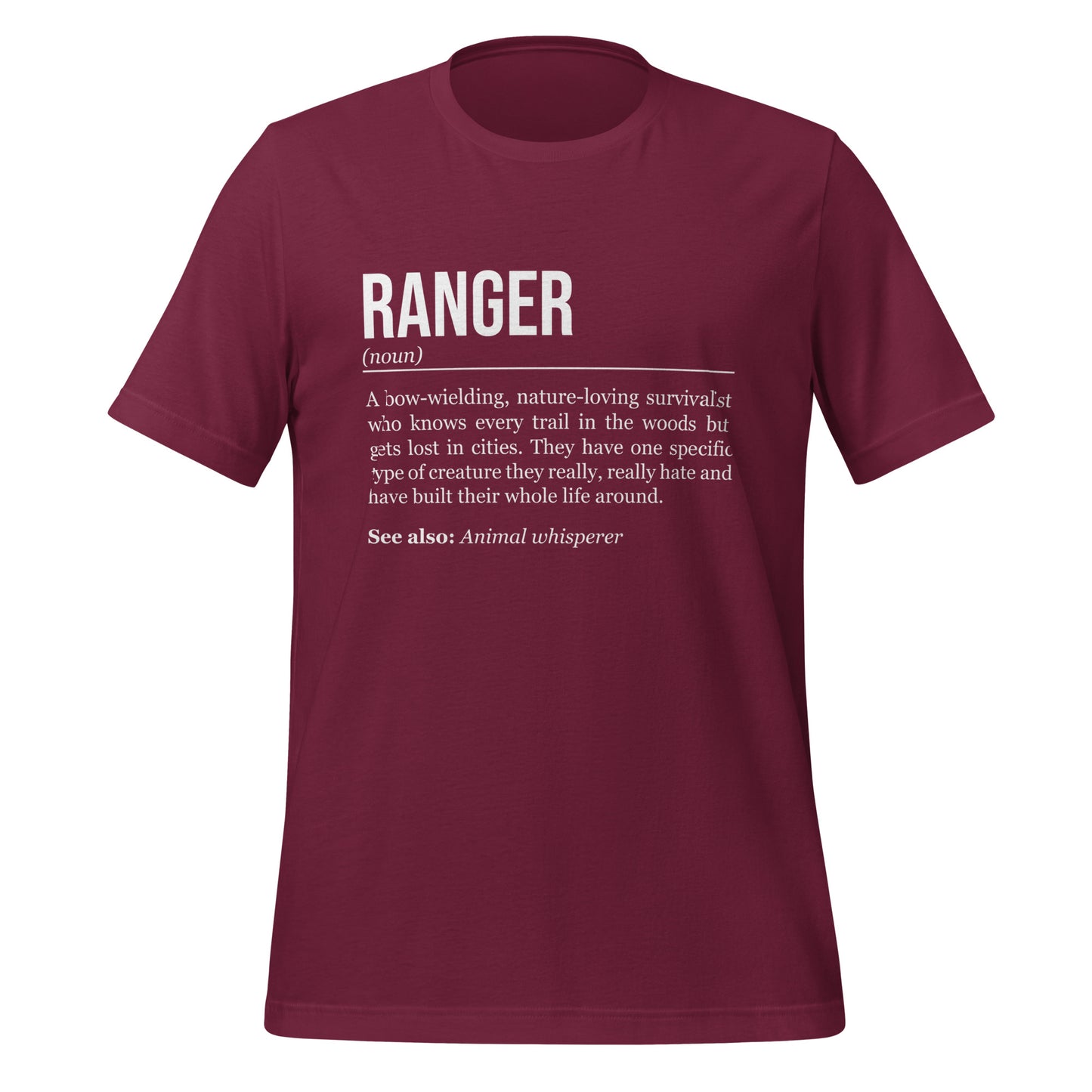 Maroon red ranger T-shirt, front, showing the definition of the class Ranger.