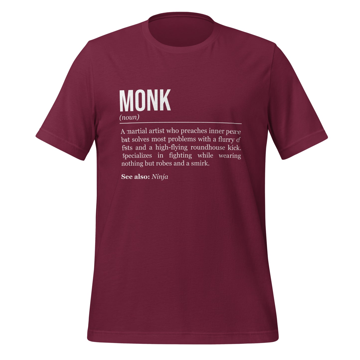 Maroon red monk T-shirt, front, showing the definition of the class Monk.