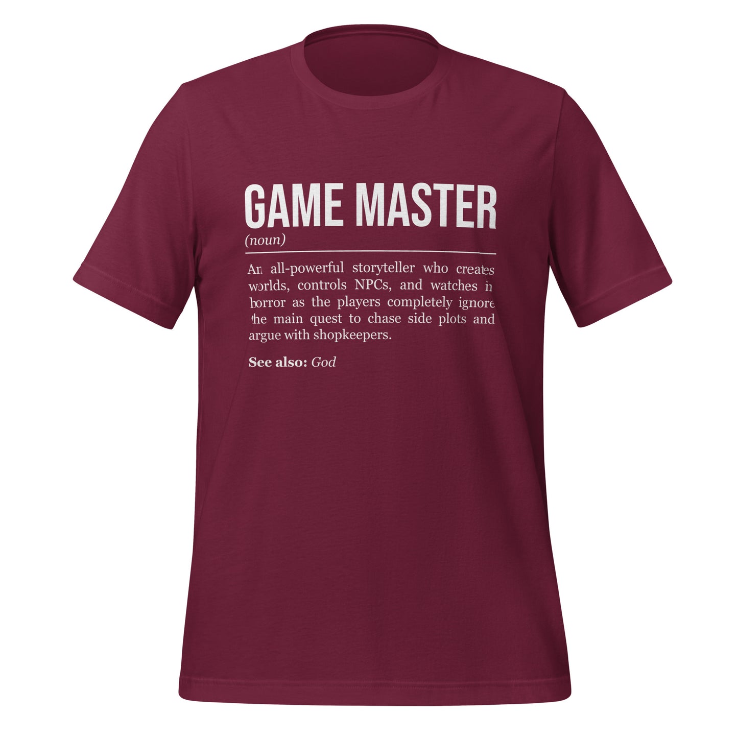 Maroon red RPG T-shirt, front, showing the definition of Game Master.