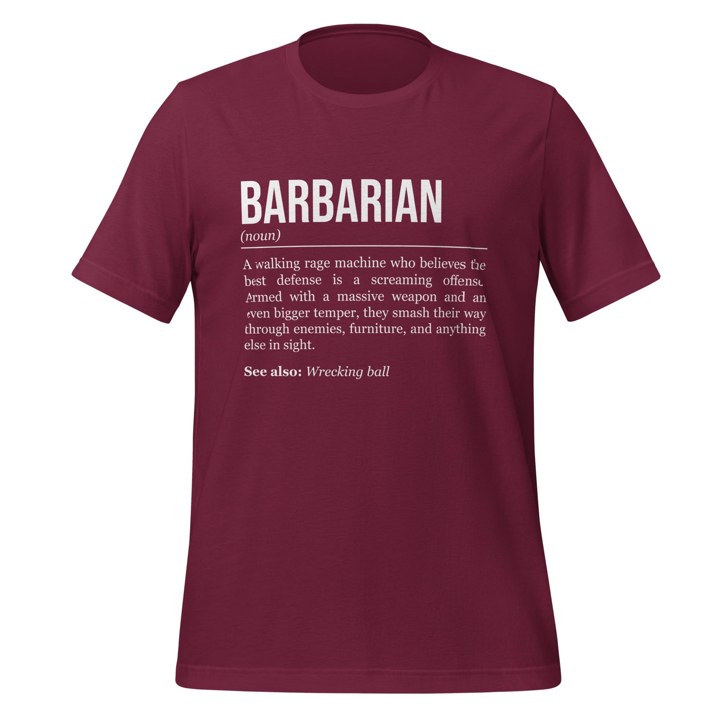 Maroon red barbarian T-shirt, front, showing the definition of the class Barbarian.