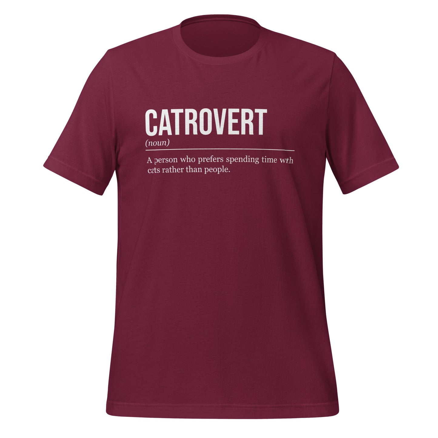 Maroon red cat T-shirt, front, showing the definition of the word Catrovert.
