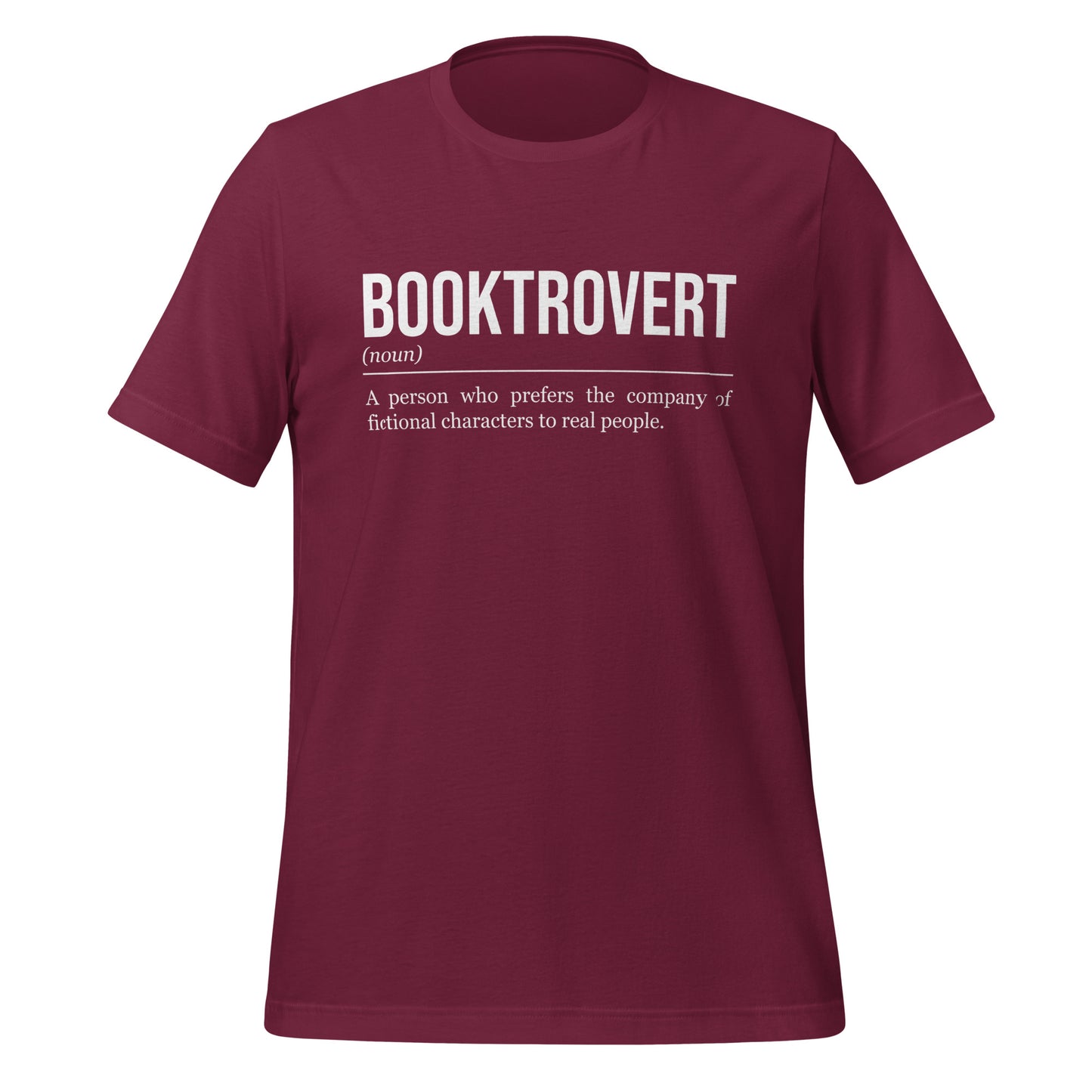 Maroon red book T-shirt, front, showing the definition of the word Booktrovert.