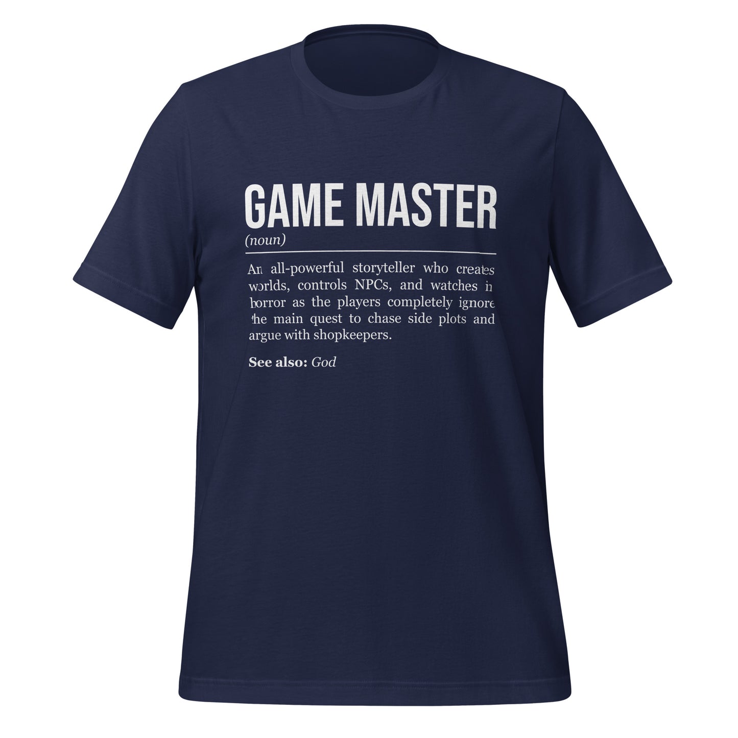 Navy blue RPG T-shirt, front, showing the definition of Game Master.