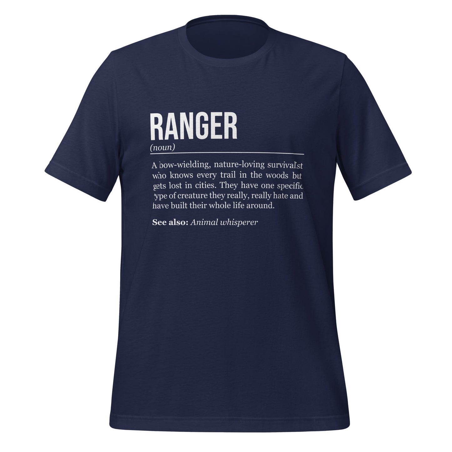 Navy blue ranger T-shirt, front, showing the definition of the class Ranger.