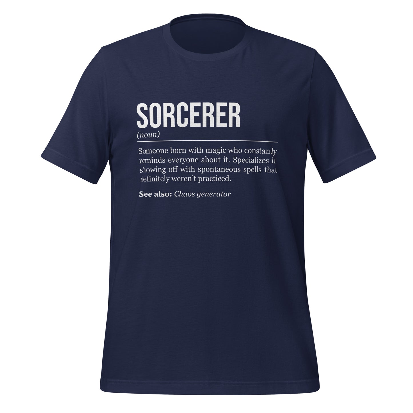 Navy blue sorcerer T-shirt, front, showing the definition of the class Sorcerer.