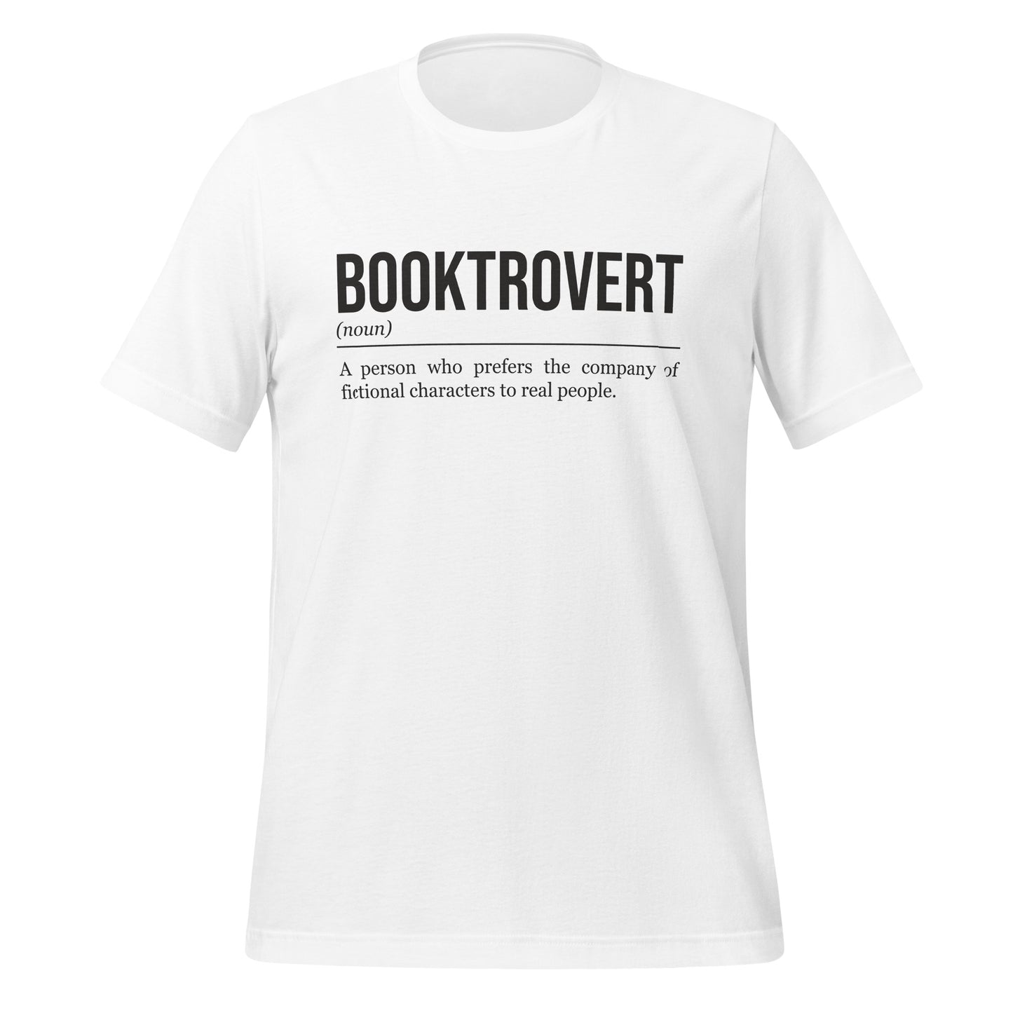 White book T-shirt, front, showing the definition of the word Booktrovert.