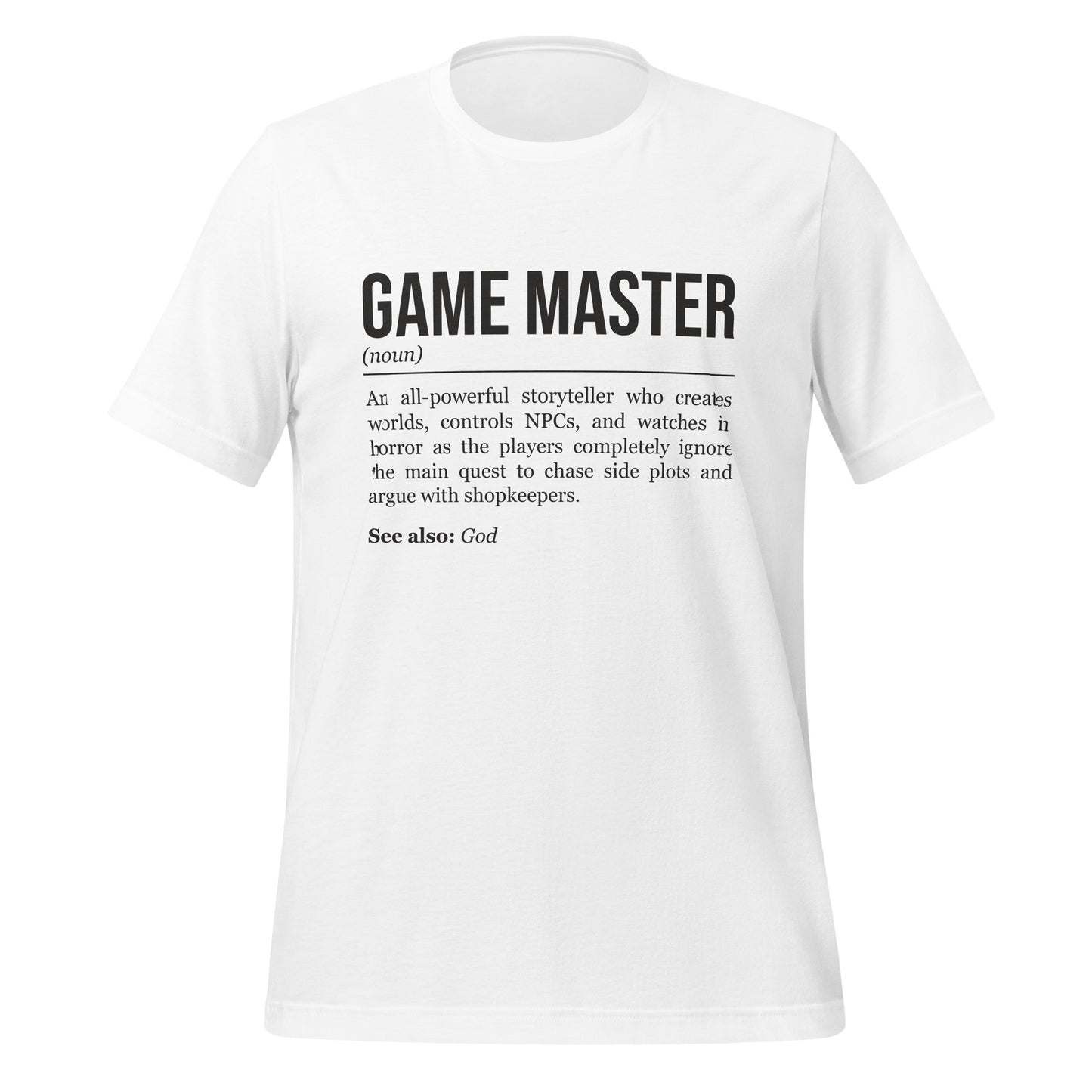 White RPG T-shirt, front, showing the definition of Game Master.