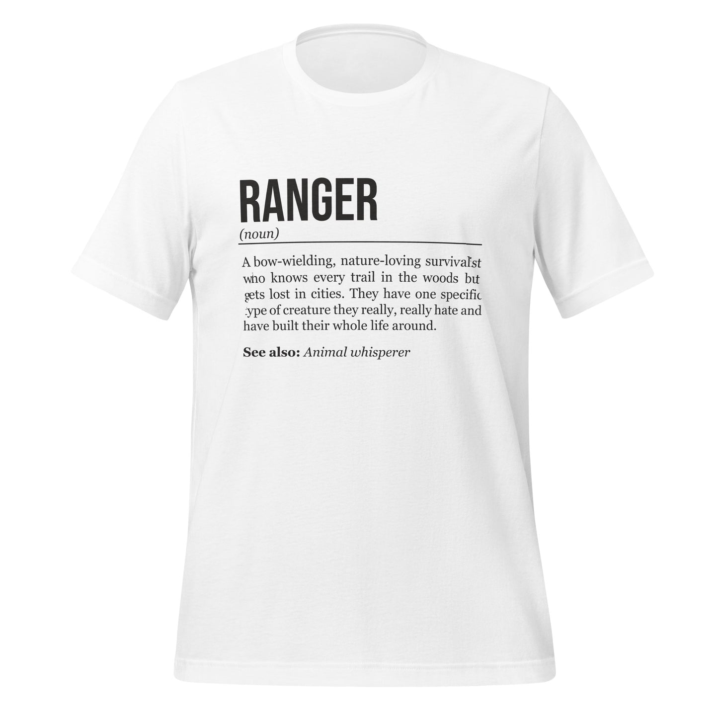 White ranger T-shirt, front, showing the definition of the class Ranger.