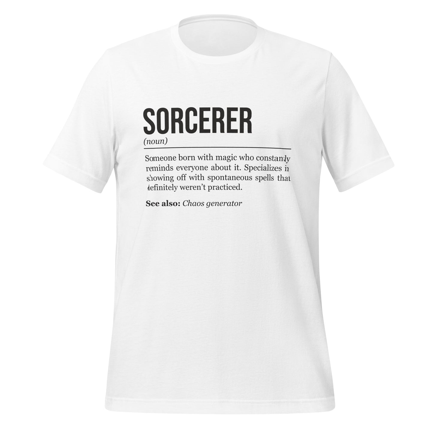 White sorcerer T-shirt, front, showing the definition of the class Sorcerer.