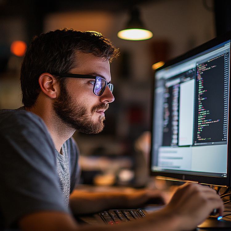 A software developer programming at his pc.