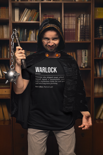 A standing man holding a morning star, wearing a cape and a black warlock T-shirt showing the definition of the class Warlock.