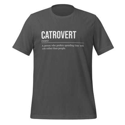Grey cat T-shirt, front, showing the definition of the word Catrovert.