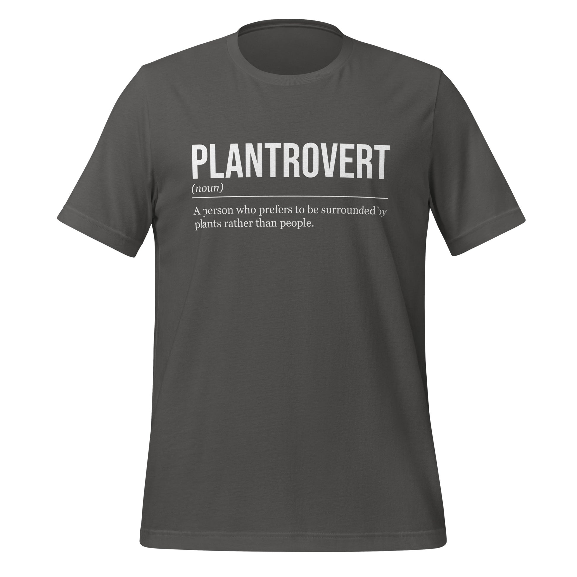 Grey plant T-shirt, front, showing the definition of the word Plantrovert.