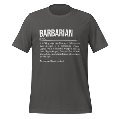 Grey barbarian T-shirt, front, showing the definition of the class Barbarian.