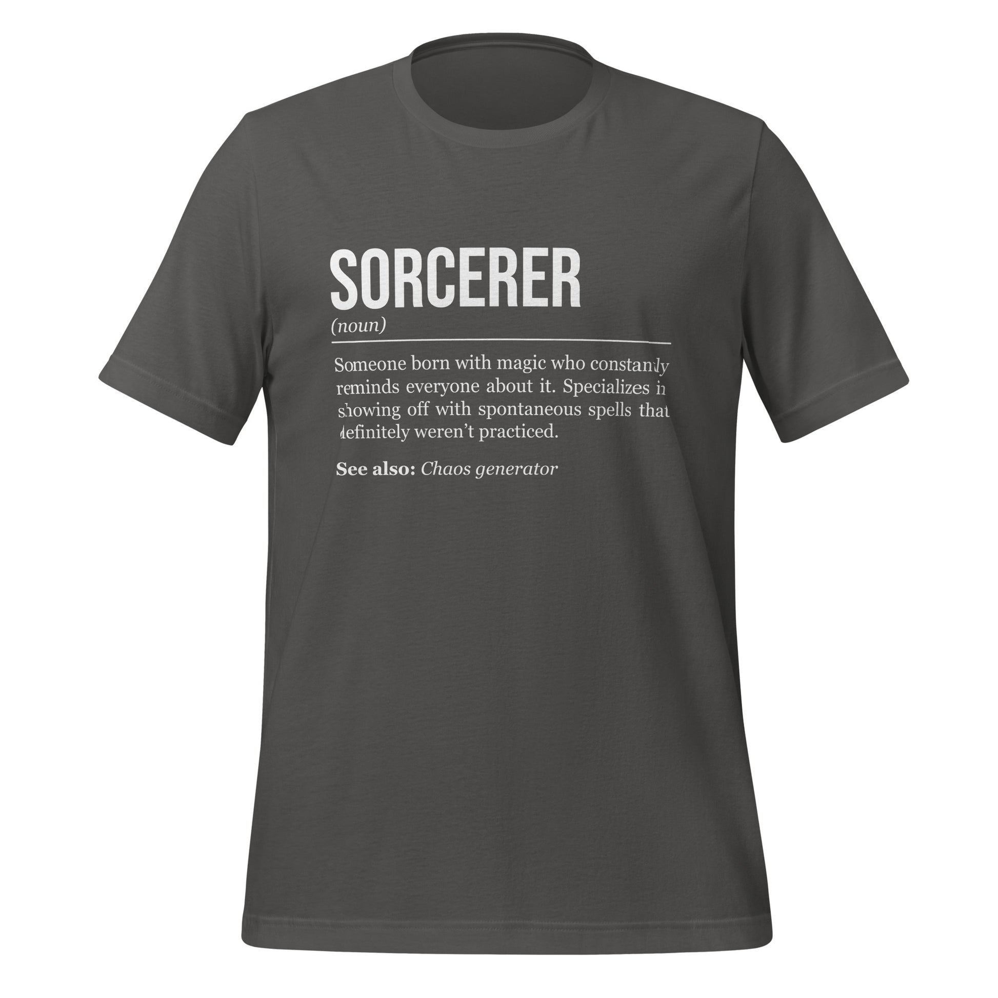 Grey sorcerer T-shirt, front, showing the definition of the class Sorcerer.