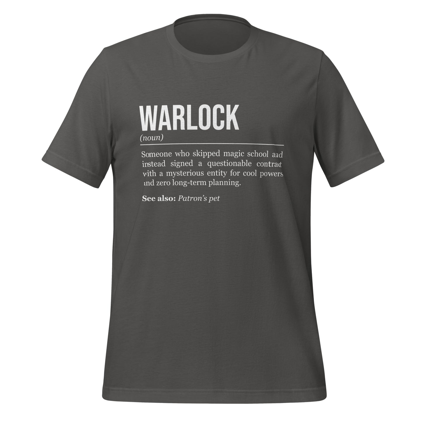 Grey warlock T-shirt, front, showing the definition of the class Warlock.