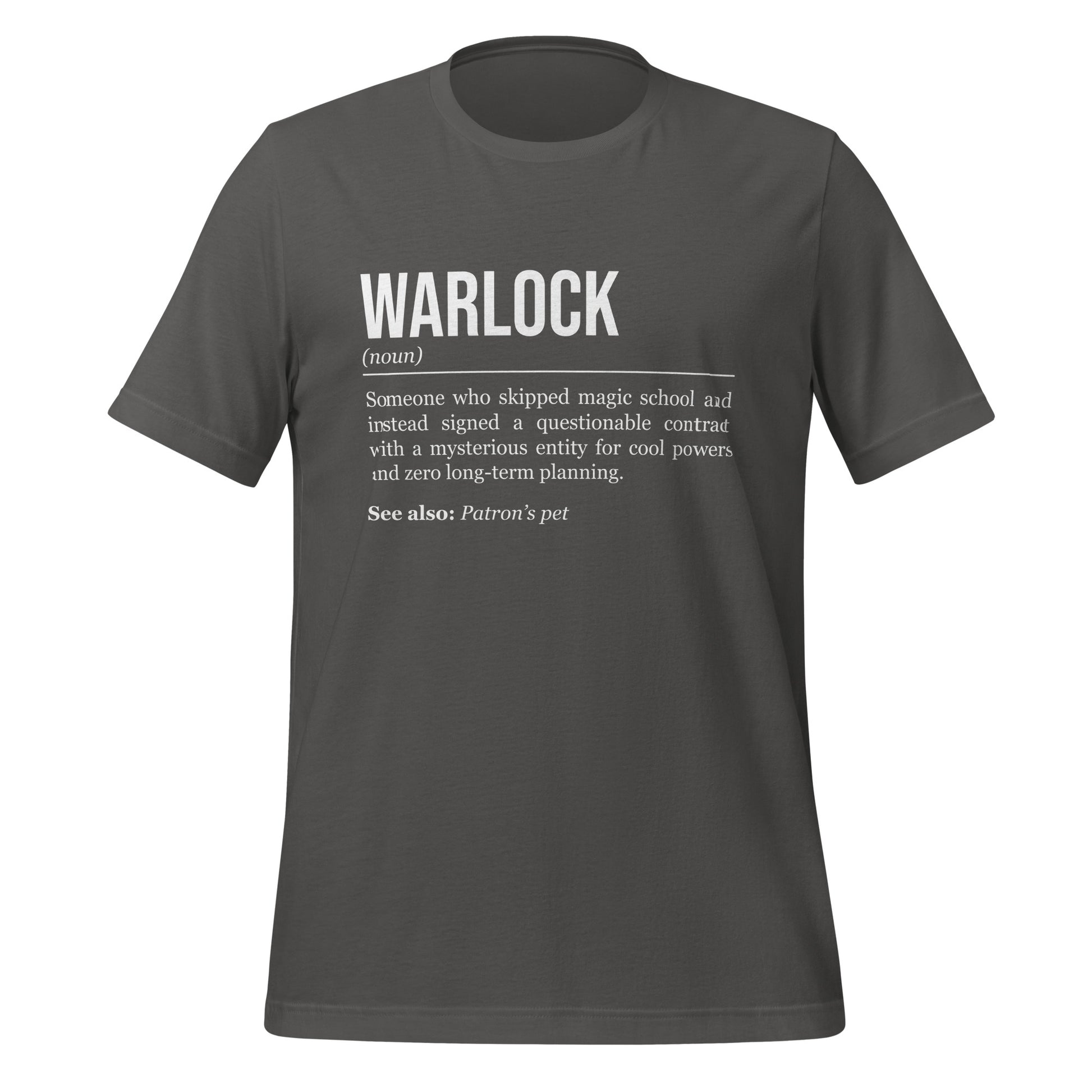 Grey warlock T-shirt, front, showing the definition of the class Warlock.
