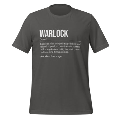 Grey warlock T-shirt, front, showing the definition of the class Warlock.