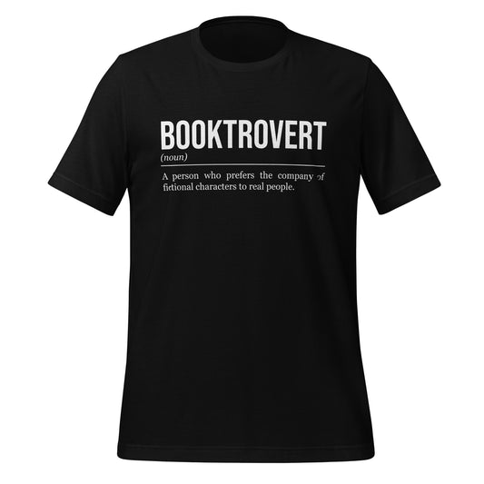 Black book T-shirt, front, showing the definition of the word Booktrovert.
