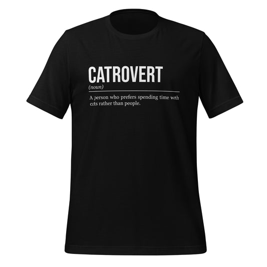 Black cat T-shirt, front, showing the definition of the word Catrovert.