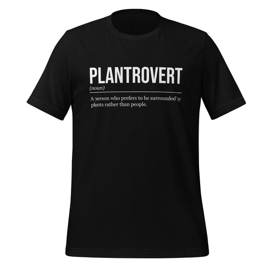 Black plant T-shirt, front, showing the definition of the word Plantrovert.