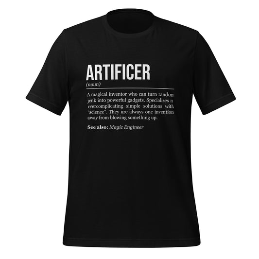 Black artificer T-shirt, front, showing the definition of the class Artificer.