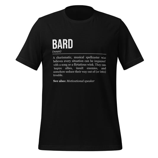 Black bard T-shirt, front, showing the definition of the class Bard.