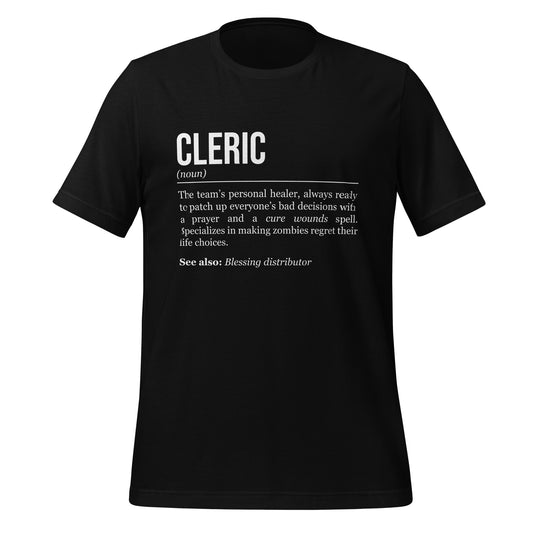 Black cleric T-shirt, front, showing the definition of the class Cleric.