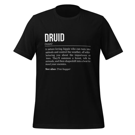 Black druid T-shirt, front, showing the definition of the class Druid.