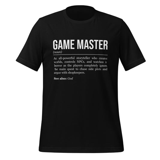 Black RPG T-shirt, front, showing the definition of Game Master.