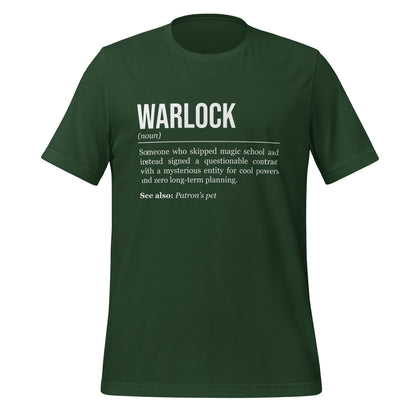 Forest green warlock T-shirt, front, showing the definition of the class Warlock.