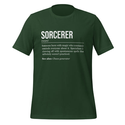 Forest green sorcerer T-shirt, front, showing the definition of the class Sorcerer.