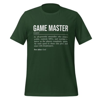 Forest green RPG T-shirt, front, showing the definition of Game Master.
