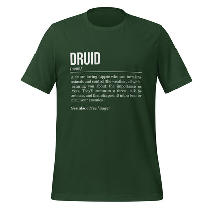 Forest green druid T-shirt, front, showing the definition of the class Druid.