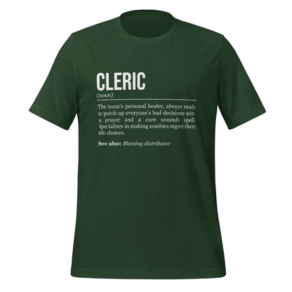 Forest green cleric T-shirt, front, showing the definition of the class Cleric.
