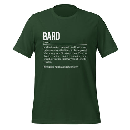 Forest green bard T-shirt, front, showing the definition of the class Bard.