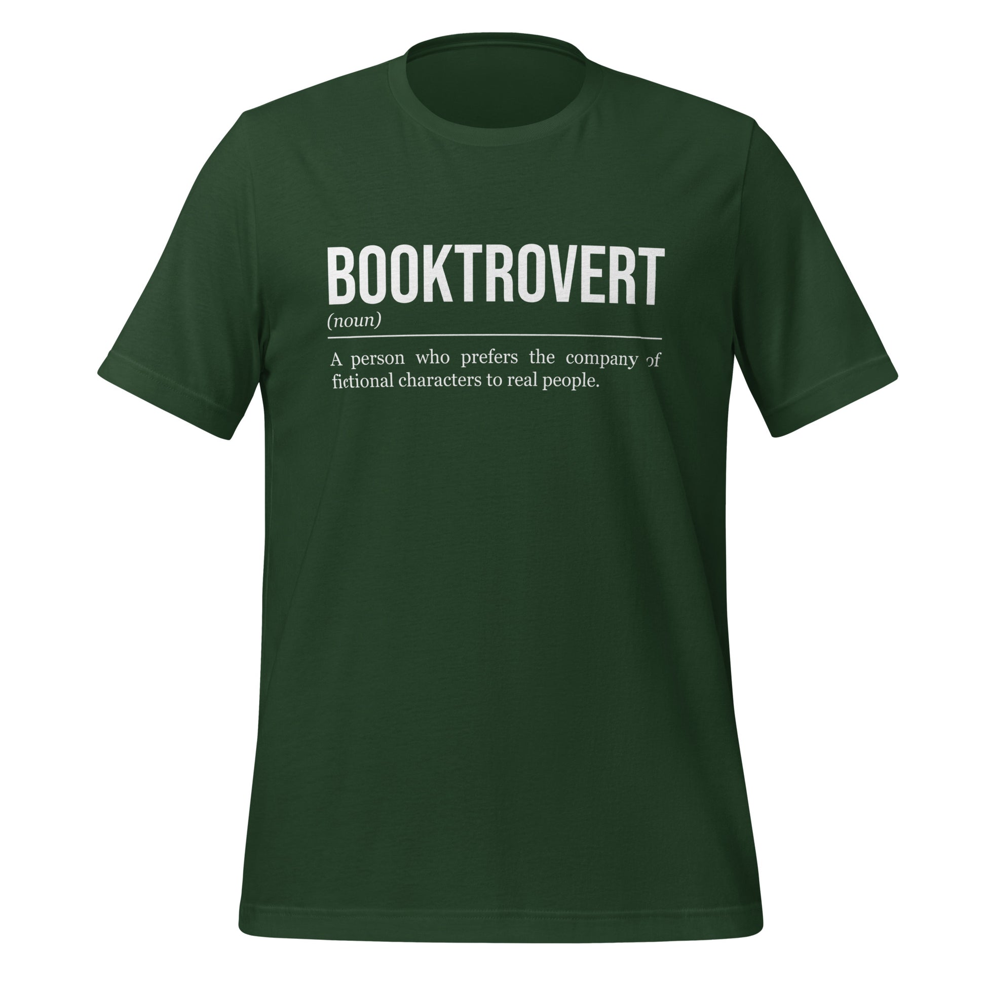 Forest green book T-shirt, front, showing the definition of the word Booktrovert.