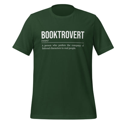 Forest green book T-shirt, front, showing the definition of the word Booktrovert.