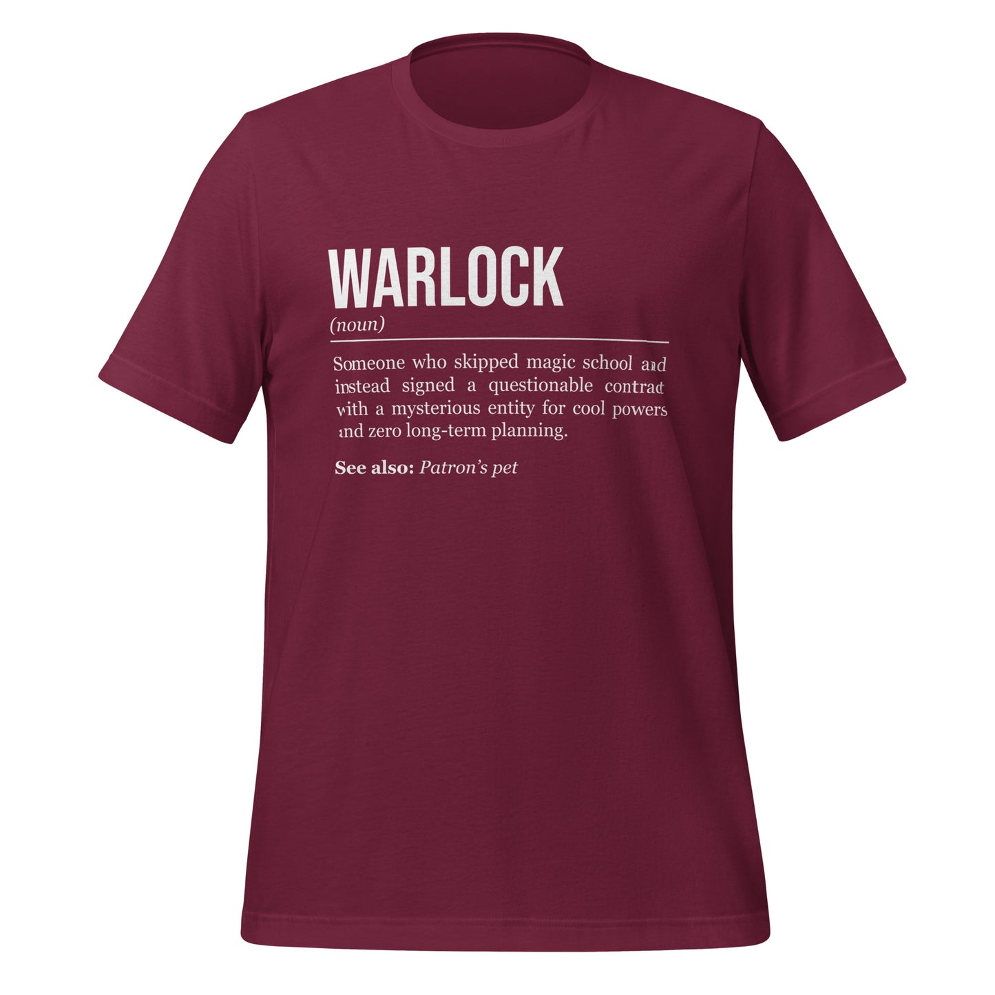 Maroon red warlock T-shirt, front, showing the definition of the class Warlock.