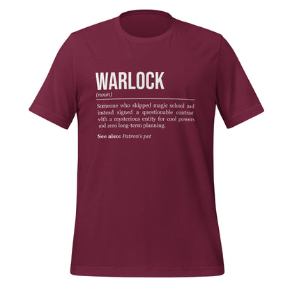 Maroon red warlock T-shirt, front, showing the definition of the class Warlock.