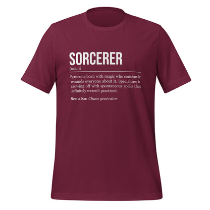 Maroon red sorcerer T-shirt, front, showing the definition of the class Sorcerer.